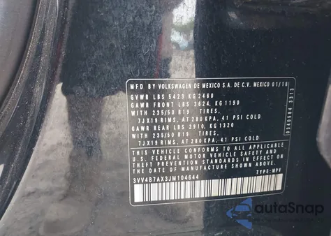 2018 Volkswagen Tiguan 2.0T Sel Premium from USA, damaged, VIN 3VV4B7AX3JM104644